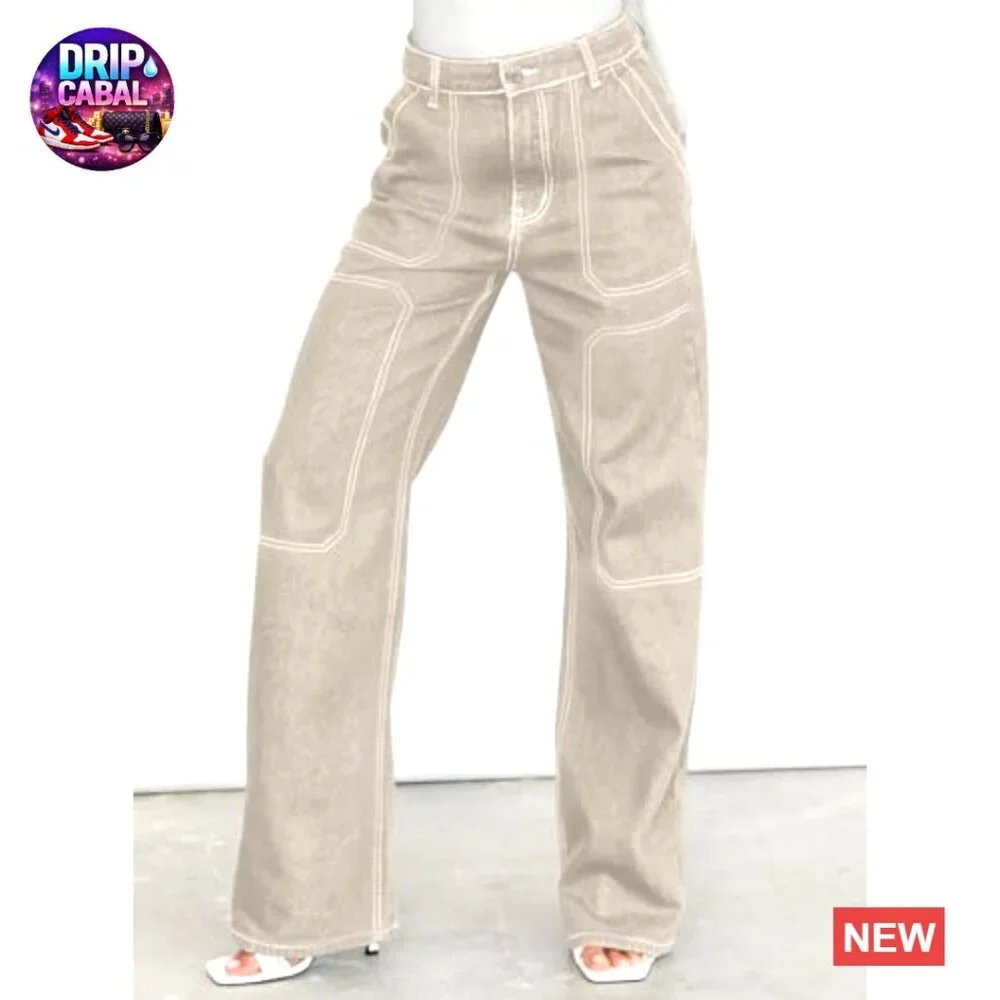 Wide Leg Cargo Jeans Stretch Denim Pants Casual Y2K Retro Chic - Picture 3 of 7